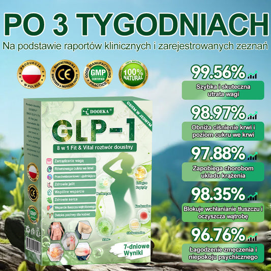 DOOEKA® GLP-1 8 w 1 Fit & Vital roztwór doustny – Raz dziennie, widoczne zmiany w ciągu 7 dni / W przypadku otyłości, zdrowia serca i układu krążenia, cukrzycy, bezdechu sennego, zdrowia jelit, problemów ze stawami i wielu innych🥬