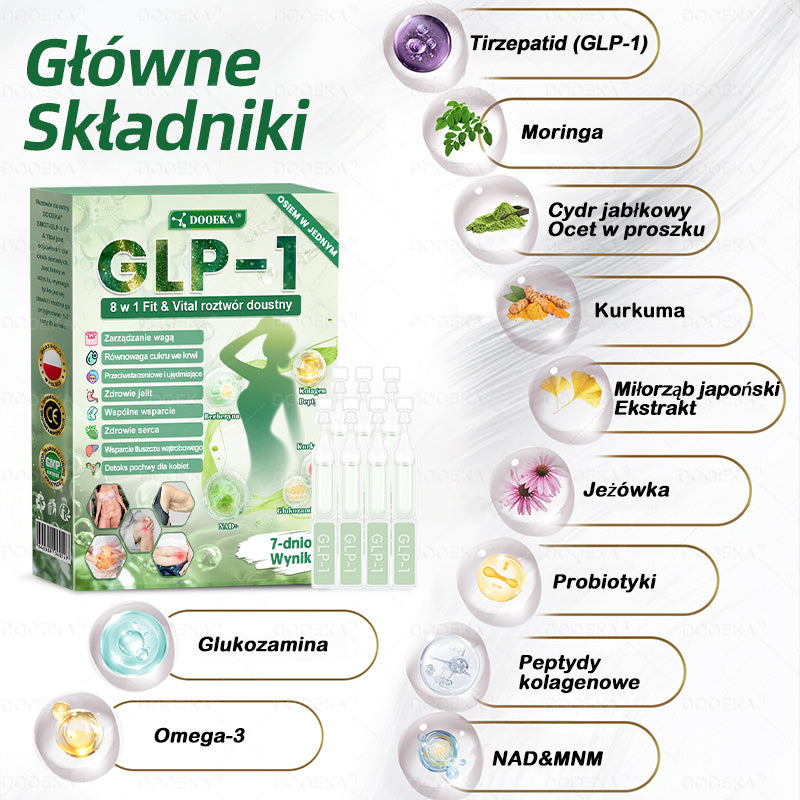 🎁DOOEKA® GLP-1 8 w 1 Fit & Vital roztwór doustny – Raz dziennie, widoczne zmiany w ciągu 7 dni / W przypadku otyłości, zdrowia serca i układu krążenia, cukrzycy, bezdechu sennego, zdrowia jelit, problemów ze stawami i wielu innych
