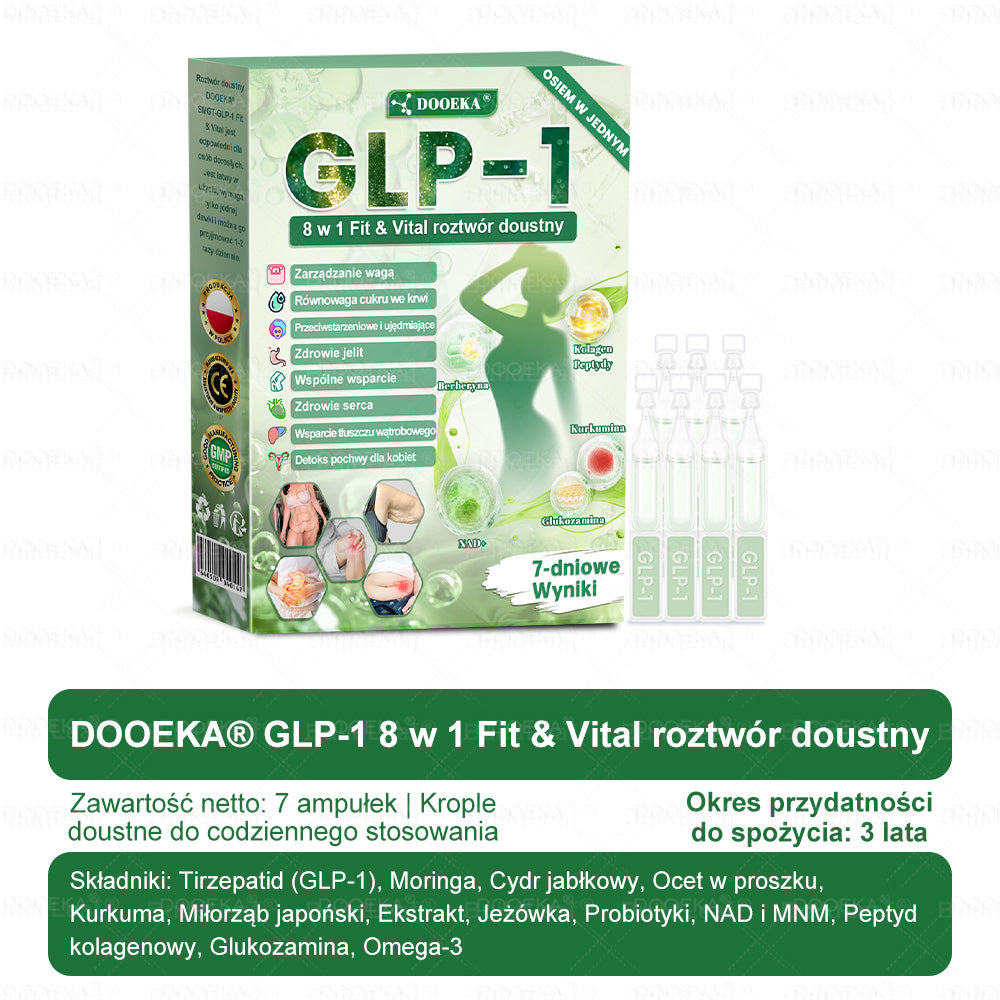 🎁DOOEKA® GLP-1 8 w 1 Fit & Vital roztwór doustny – Raz dziennie, widoczne zmiany w ciągu 7 dni / W przypadku otyłości, zdrowia serca i układu krążenia, cukrzycy, bezdechu sennego, zdrowia jelit, problemów ze stawami i wielu innych